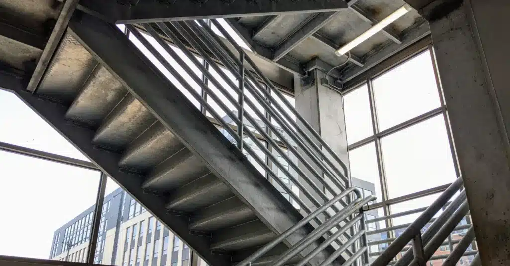 Barandilla de acero en escalera metálica industrial exterior con estructura de hierro y pasamanos integrado